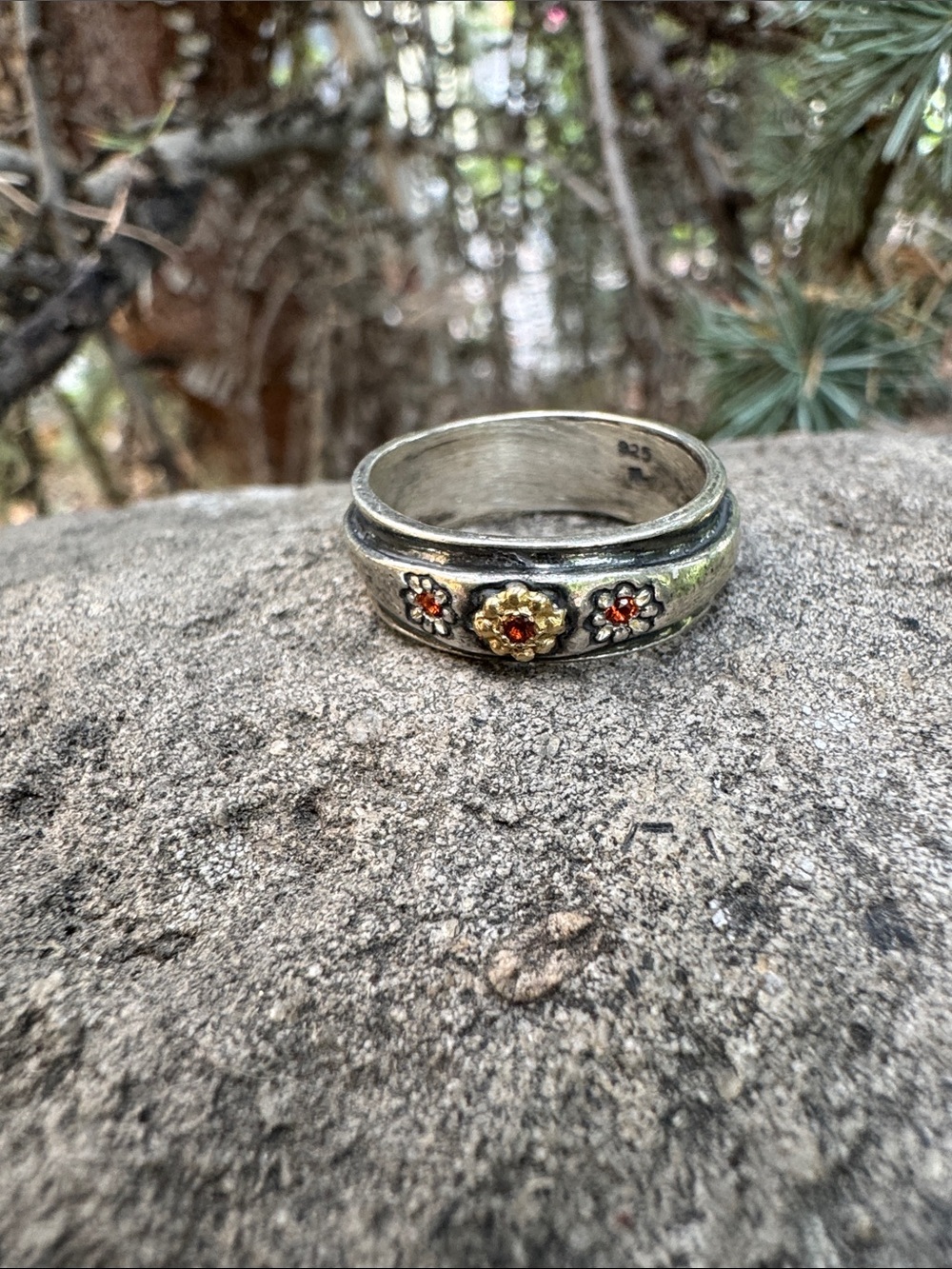 Sundance Silver Floral Ring with Gold 14k Flower and Garnet  Stone Accents